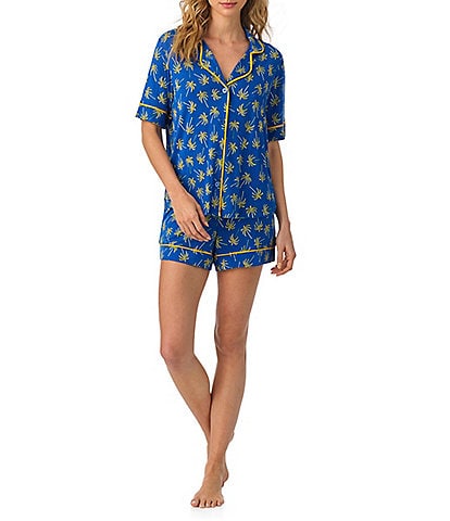 Room Service Palm Tree Print Short Sleeve Notch Collar Knit Shorty Pajama Set