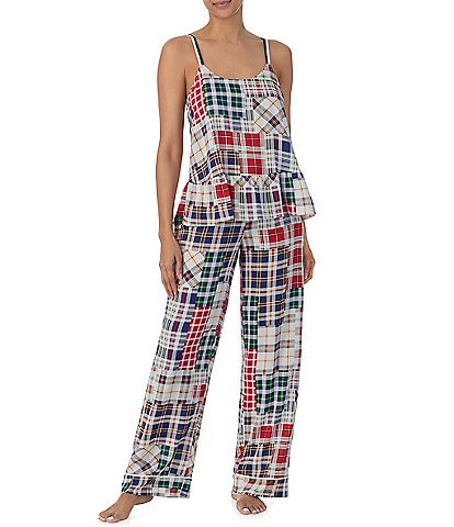 Room Service Plaid Print Sleeveless Round Neck Woven Pajama Pant Set