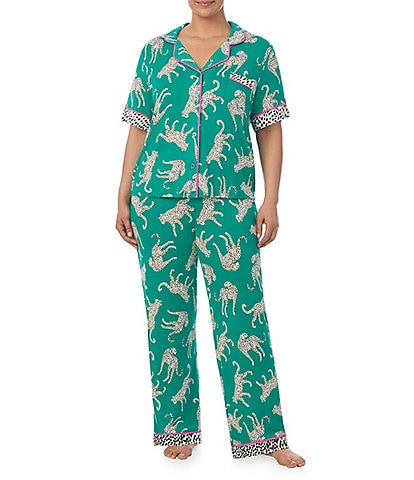 Room Service Plus Size Cheetah Print Short Sleeve Notch Collar Knit Pajama Set