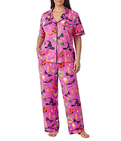 Room Service Plus Size Potion Commotion Print Short Sleeve Notch Collar Jersey Knit Pajama Set