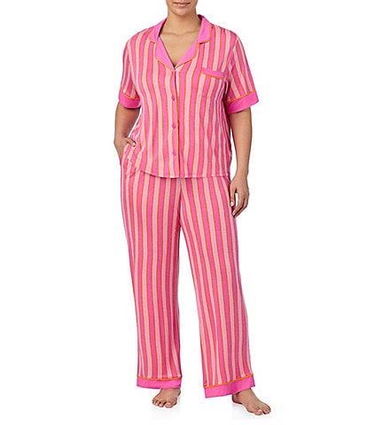 Room Service Plus Size Striped Short Sleeve Notch Collar Knit Pajama Set