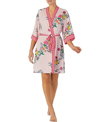 Room Service Satin 3/4 Sleeve Geometric Floral Coordinating Short Wrap Robe