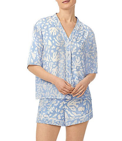 Room Service Satin Coral Toss Print Short Sleeve V-Neck Shorty Pajama Set