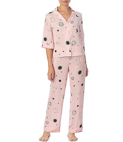 Room Service Satin Sun & Moon Print 3/4 Sleeve Notch Collar Pajama Set