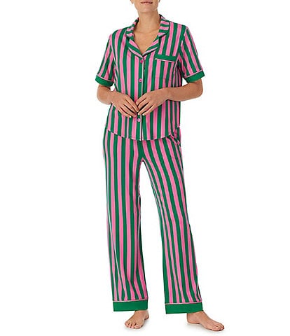 Room Service Short Sleeve Notch Collar Cozy Jersey Striped Pajama Set