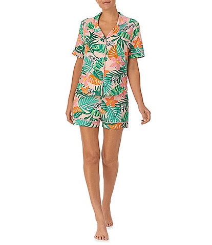 Room Service Short Sleeve Notch Collar Jersey Knit Jungle Floral Matching Shorts Pajama Set