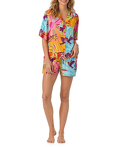 Room Service Sunset Greeting Print Short Sleeve Short Notch Collar Woven Shorty Pajama Set