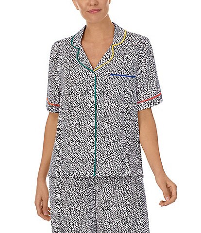 Room Service Woven Cheetah Print Short Sleeve Notch Collar Coordinating Pajama Top