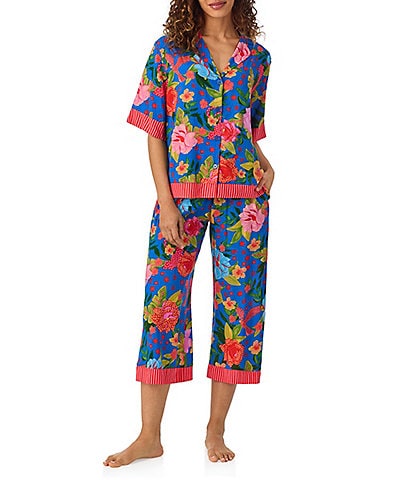 Room Service Woven Floral Short Sleeve Notch Collar Cropped Pajama Set