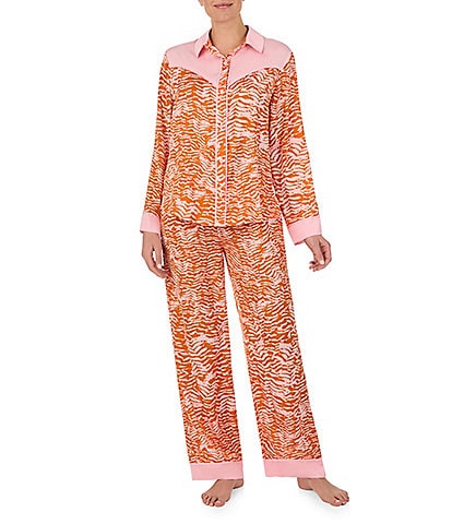 Room Service Zebra Print Long Sleeve Notch Collar Satin Pant Pajama Set