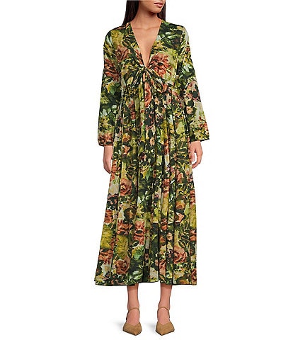 Ro's Garden Angela Woven Floral Print V-Neck Bow Tie Long Sleeve Flounce A-Line Maxi Dress