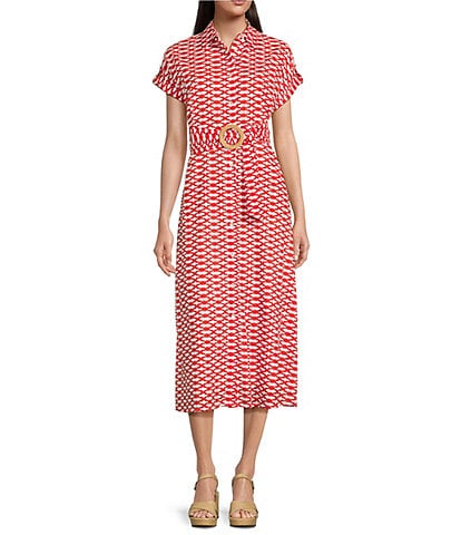 Ro's Garden Catherine Point Collar Short Sleeve Button Front Midi Dress