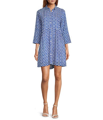 Ro's Garden Deauville Capri Print Collar Neck 3/4 Sleeve Button Front Dress
