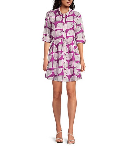 Ro's Garden Deauville Kyle Print Point Collar 3/4 Sleeve Button Front Dress