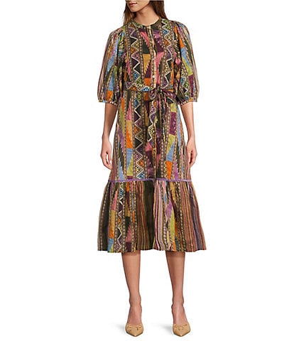 Ro's Garden Flirty Woven Argentina Print Flat Band Collar Elbow Sleeve Button Front Tie Waist Midi A-Line Flounce Dress