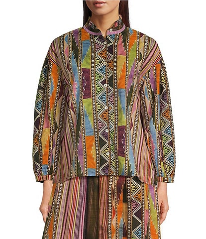 Ro's Garden Jeremy Woven Print Mock Neck Long Balloon Sleeve Button Front Coordinating Blouse