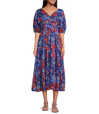 Ro's Garden Nieves V-Neck Draped Chest 3/4 Sleeve Floral Maxi Dress
