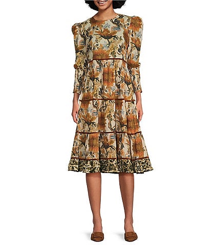 Ro's Garden Robin Floral Print Round Neck 3/4" Puff Sleeve Smocked Waist Tiered A-Line Midi Dress