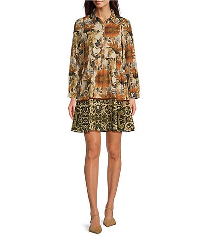 Ro's Garden Romy Floral Print Point Collar Button Front Long Sleeve Tiered Above the Knee A-Line Dress