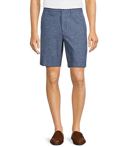 Roundtree & Yorke Casuals Flat Front Classic Fit Linen Houndstooth 9#double; Inseam Shorts