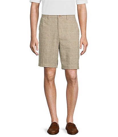 Roundtree & Yorke Casuals Classic Fit Flat Front Plaid 9" Linen Shorts