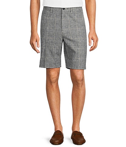 Roundtree & Yorke Casuals Classic Fit Flat Front Plaid 9#double; Linen Shorts