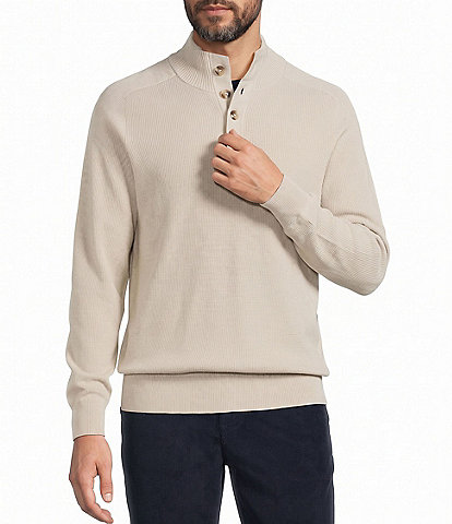 Roundtree & Yorke Long Sleeve Solid Button Mock Neck Sweater