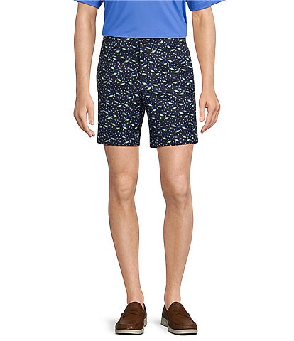 Roundtree & Yorke Performance Flat Front Straight Fit Fish Print 7#double; Inseam Shorts