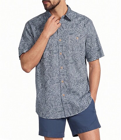 Roundtree & Yorke Short Sleeve Chambray Large Paisley Print Sport Shirt