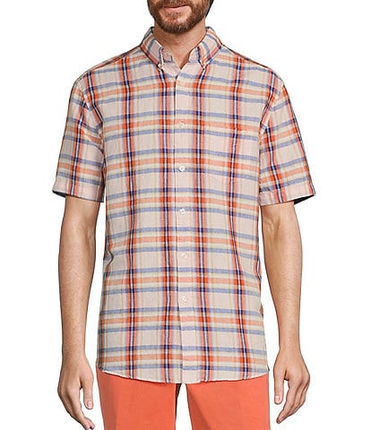 Roundtree & Yorke Short Sleeve Large Plaid Linen Blend Sport Shirt