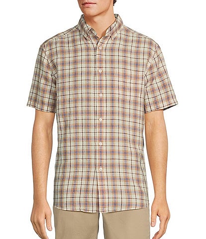 Roundtree & Yorke Short Sleeve Medium Plaid Linen Sport Shirt
