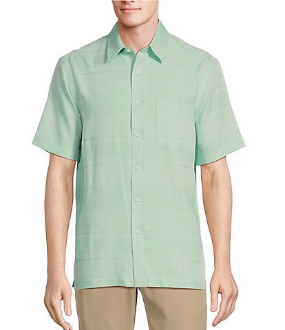Roundtree & Yorke Short Sleeve Polynosic Large Jacquard Plaid Sport Shirt