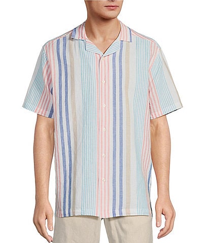 Roundtree & Yorke Short Sleeve Stripe Linen Blend Camp Shirt