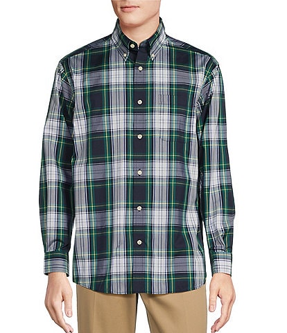 Roundtree & Yorke TravelSmart Easy Care Button Down Long Sleeve Herringbone  Plaid Sport Shirt