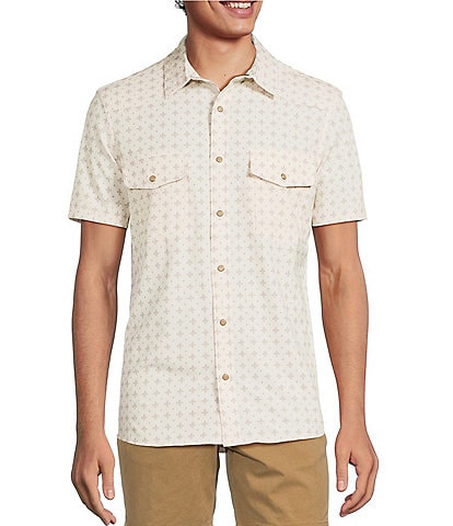 Rowm Big & Tall Performance Rec + Relax Short Sleeve Western Cross Geo Print Textured Shirt