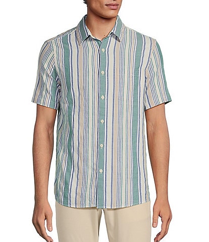Rowm Blue Sirena Short Sleeve Seersucker Vertical Stripe Print Shirt