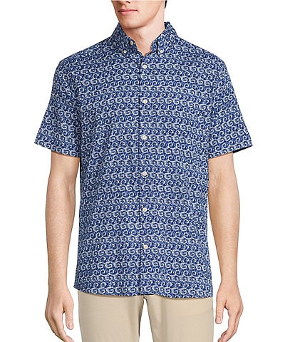Rowm Blue Sirena Short Sleeve Seersucker Wave Print Coatfront Shirt