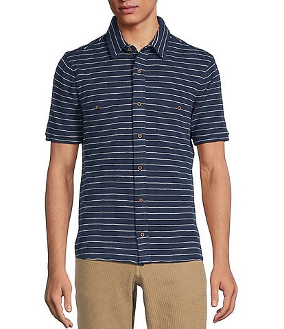 Rowm Crafted Short Sleeve Striped Waffle Button-Front Shirt