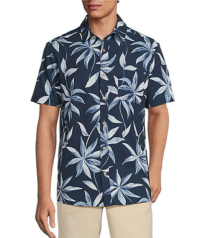 Rowm Performance Rec + Relax Short Sleeve Large Leaf Print Textured Shirt