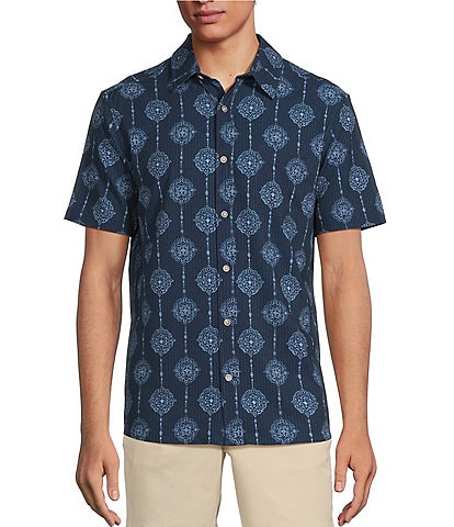 Rowm Performance Rec + Relax Short Sleeve Line Medallion Print Textured Shirt