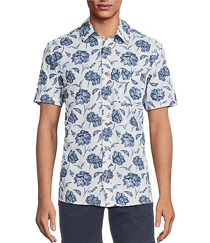 Rowm Performance Rec + Relax Short Sleeve Sketch Floral Print Textured Shirt