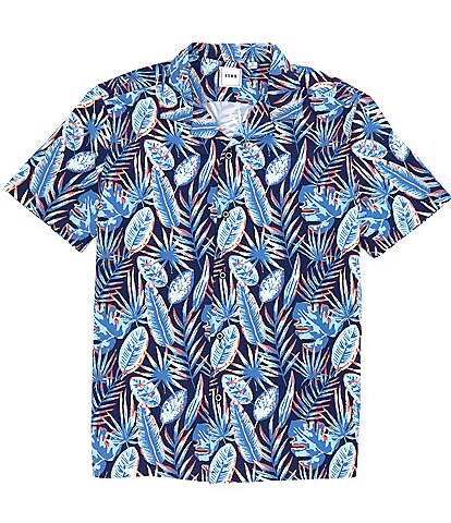 Rowm Short Sleeve Camp Collar Neon Palm Leaf Print Button Front Shirt