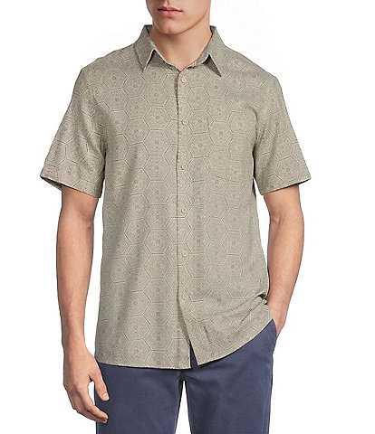 Rowm Short Sleeve Hemp Tile Print Point Collar Button Front Shirt
