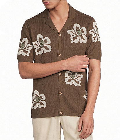 Rowm Short Sleeve Jacquard Button Front Sweater Knit Shirt