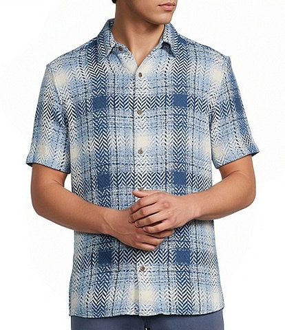 Rowm Short Sleeve Plaid Herringbone Button Front Shirt