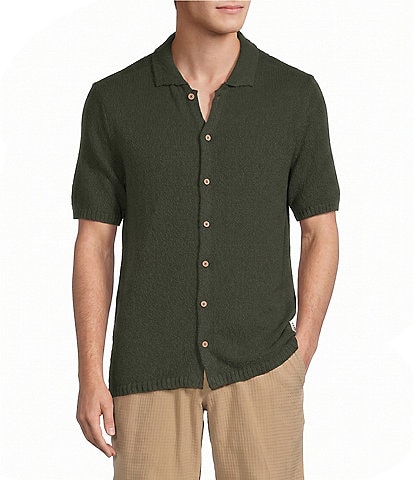 Rowm Short Sleeve Solid Slub Button Front Sweater Knit Shirt