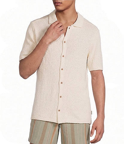 Rowm Short Sleeve Solid Slub Button Front Sweater Knit Shirt