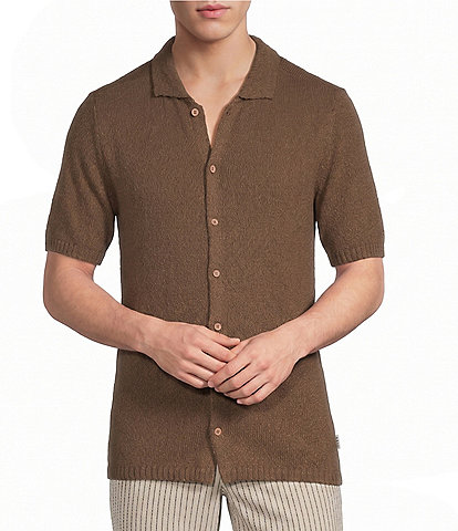 Rowm Short Sleeve Solid Slub Button Front Sweater Knit Shirt