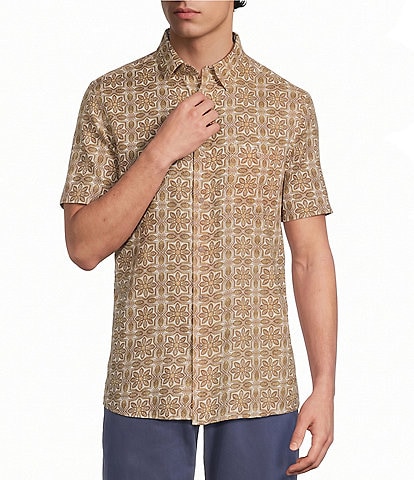 Rowm Short Sleeve Textured Cross Tile Print Shirt