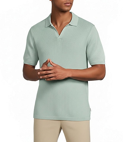 Rowm Short Sleeve Textured Solid Johnny Collar Knit Sweater Shirt